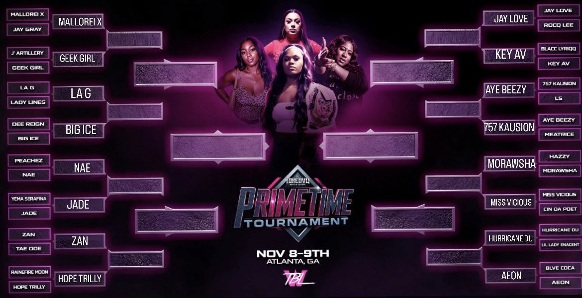 YOUR SWEET 16 MOVING ONTO ROUND 2 OF THE #WTBL PRIMETIME TOURNAMENT‼️💎

MALLOREI X vs GEEK GIRL 
JAY LOVE vs KEY AV
LA G vs BIG ICE
AYE BEEZY vs 757 KAUSION
NAE vs JADE
MORAWSHA vs MISS VICIOUS
ZAN vs HOPE TRILLY
HURRICANE DU vs AEON

See y’all in New Orleans, 1/10/2026📍