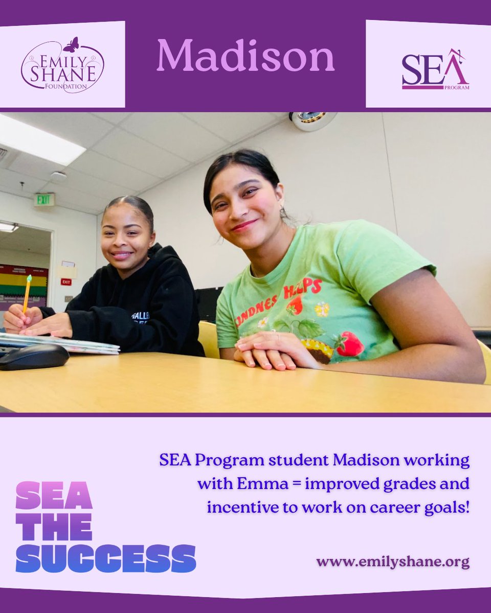 In her second year with the SEA Program, 7th grader Madison raised her grades and began to plan out her future career with mentor/tutor Emma.💜We applaud her excellent progress and motivation to achieve academic success and a bright future!⭐
#SEAProgram #ESF #MentorSupport