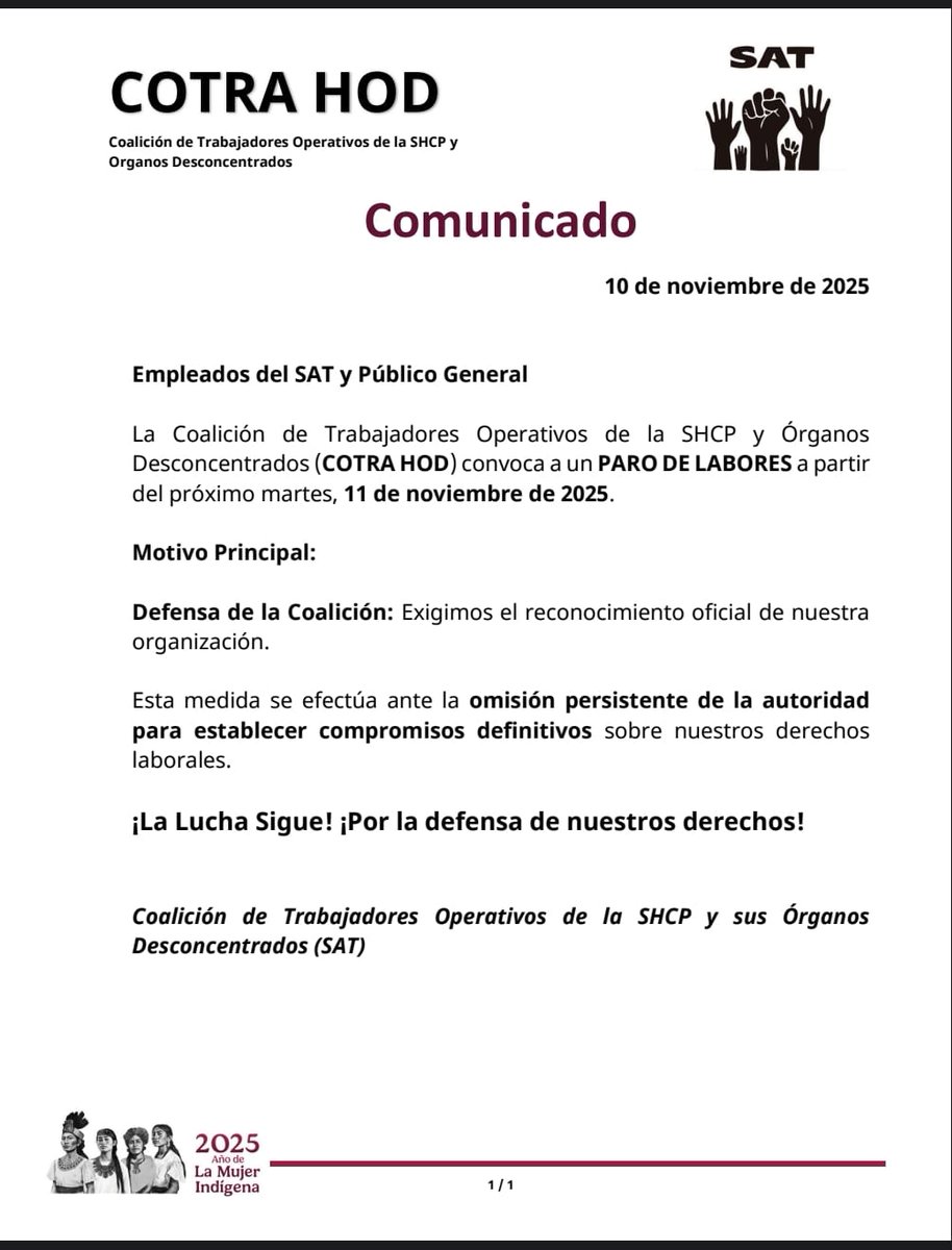 CoalicionSAT's tweet photo. #SomosSAT Esta medida se implementa ante la omisión persistente de la autoridad para establecer compromisos definitivos, ello con el objeto de restituir los derechos laborales vulnerados, asi como para garantizar la reparación de los daños ocasionados. https://t.co/x1IEkCJRGC