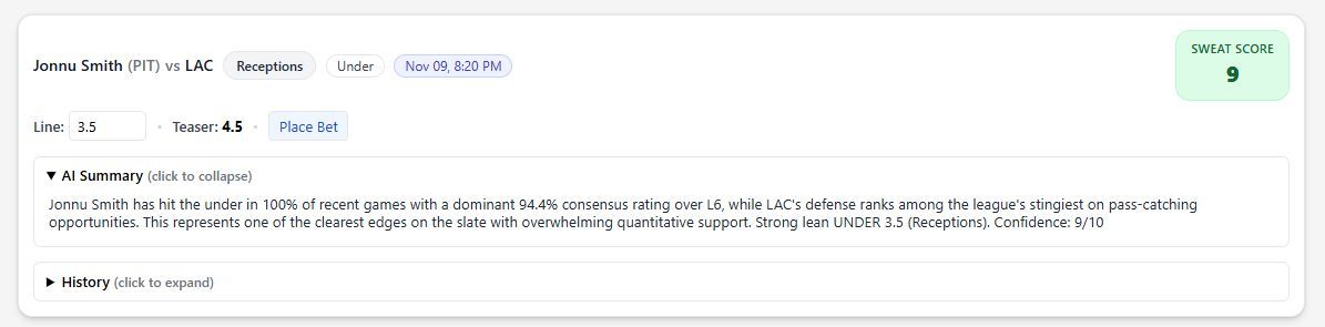 SweatAnalytics's tweet image. Pittsburgh Steelers @ Los Angelese Chargers

PIT +2.5 SPREAD
Justin Herbert OVER 253.5 Passing Yds
Aaron Rodgers UNDER 214.5 Passing Yds
Kimani Vidal UNDER 55.5 Rushing Yds
Jonnu Smith UNDER 3.5 Receptions
DK Metcalf ANYTIME TD
Ladd McConkey ANYTIME TD
Kimani Vidal ANYTIME TD