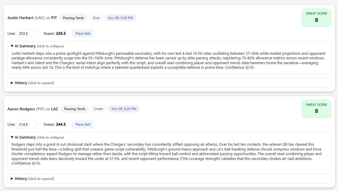 SweatAnalytics's tweet image. Pittsburgh Steelers @ Los Angelese Chargers

PIT +2.5 SPREAD
Justin Herbert OVER 253.5 Passing Yds
Aaron Rodgers UNDER 214.5 Passing Yds
Kimani Vidal UNDER 55.5 Rushing Yds
Jonnu Smith UNDER 3.5 Receptions
DK Metcalf ANYTIME TD
Ladd McConkey ANYTIME TD
Kimani Vidal ANYTIME TD