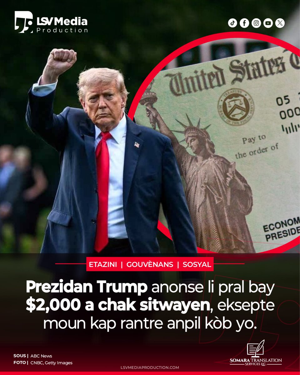 LuckNews88's tweet image. ⭕️ENFO | Se Prezidan an li menm ki anonse nouvèl la ofisyèlman, dimanch 9 novanm 2025 lan, nan yon pòs li fè sou kont Thruth Social li. Donald Trump fè konnen, lajan sa ap soti nan tarif dwanyè yap enpoze sou peyi etranje yo. « Yon dividand pou pi piti 2,000 dola pou chak moun,…