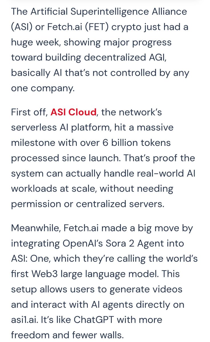 BIG MOVE FETCH.AI 🔊

Visa confirms AI agents revolution.
Google announces AI agents kit.
Microsoft launches AI agent place.

And Fetch.ai just integrated OpenAI Sora 2 agent into their ASI:One. FET becoming ChatGPT with more freedom.

$FET 🫡