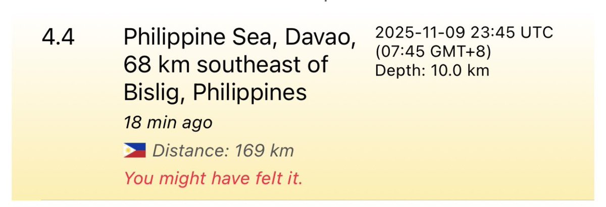 AstroFluxLab's tweet photo. A shallow M4.4 #earthquake was registered just offshore minutes ago, centered 68 kilometers southeast of #Bislig. The tremor, which may have been felt in the #Davao region, is currently being assessed for potential local impact. https://t.co/y1iROsvNHl