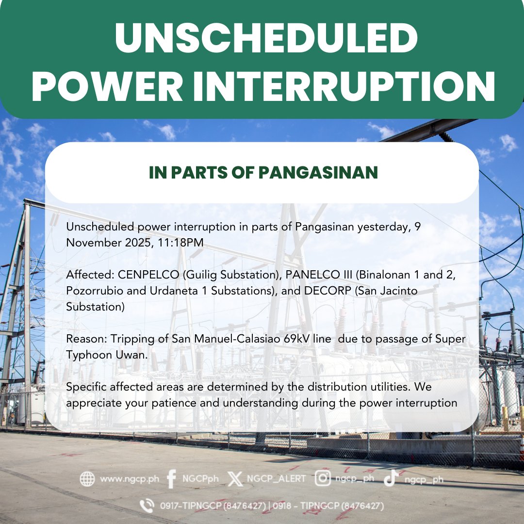 Ilang lugar sa Pangasinan, apektado ng "unscheduled power interruption" ayon sa <a href="/NGCP_ALERT/">NGCP</a> 

<a href="/DZAR1026/">DZAR 1026 SMNI Radio Manila</a> <a href="/smninews/">SMNI News</a>