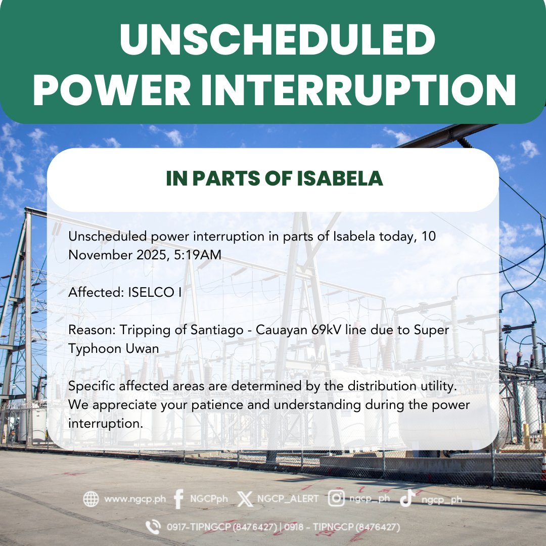 Dahil sa bagyong #UwanPH, ilang lugar sa lalawigan ng Isabela ang nakaranas ng "unscheduled power interruption" kaninang alas-5:19 ng umaga ayon sa <a href="/NGCP_ALERT/">NGCP</a> 

<a href="/DZAR1026/">DZAR 1026 SMNI Radio Manila</a> <a href="/smninews/">SMNI News</a>