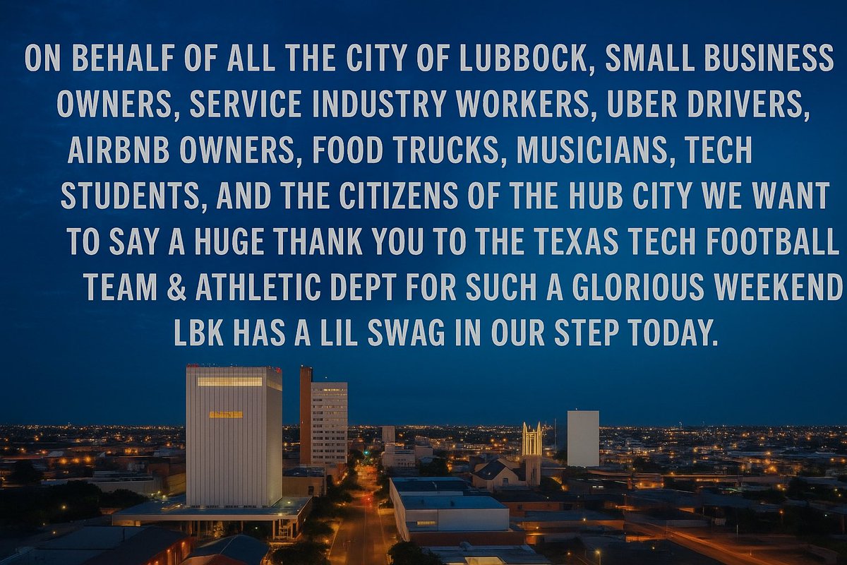 What a time to be alive in the Hub City

Proud of this town and proud of <a href="/TexasTechFB/">Texas Tech Football</a> <a href="/TexasTech/">Texas Tech University</a> 

Thank you from all of us!