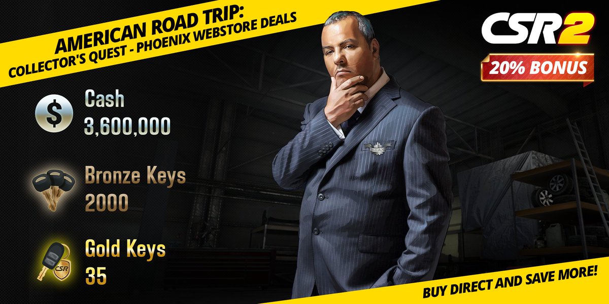 CSRRacing's tweet image. Our American Road Trip: Collector&apos;s Quest - Phoenix Webstore Deals are live! Grab a massive 3,600,000 Cash, 2000 Bronze Keys, and 35 Gold Keys with a whopping 20% BONUS.

Boost your garage and dominate the desert. Buy direct and save! - zynga.social/csr2web

#CSR2…