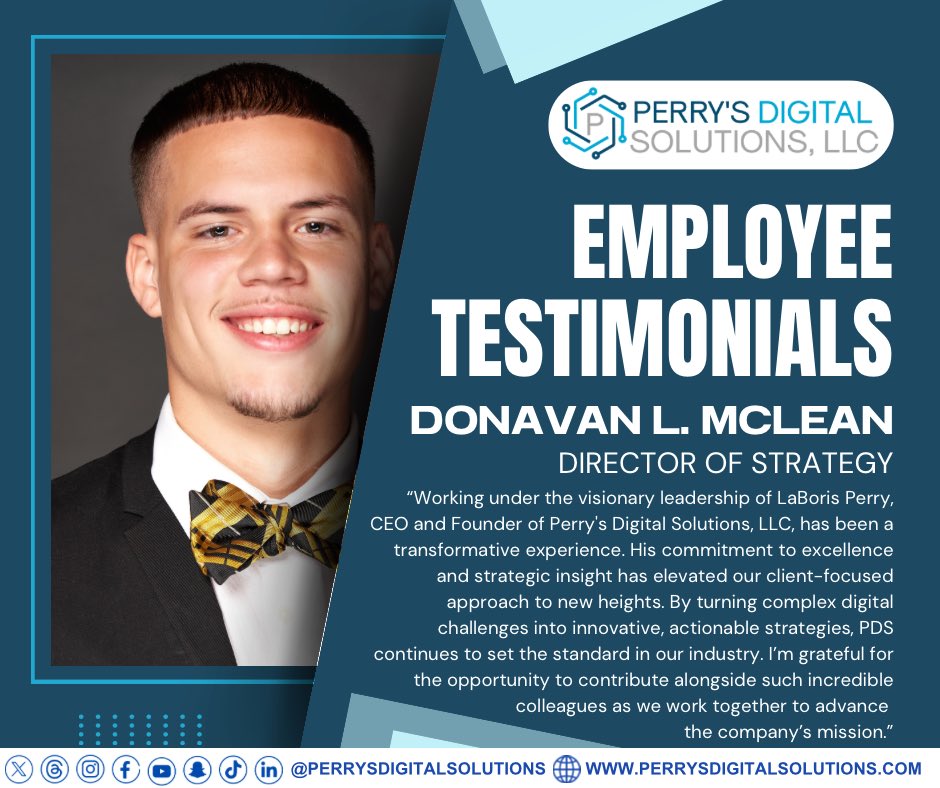 psdigitsolution's tweet image. Meet Donavan L. McLean, our Director of Strategy 💡 He turns ideas into impact—aligning innovation with purpose to drive results. “Working under visionary leadership at PDS has been transformative.”

#TeamPDS #DigitalExcellence #PerryDigitalSolutions
