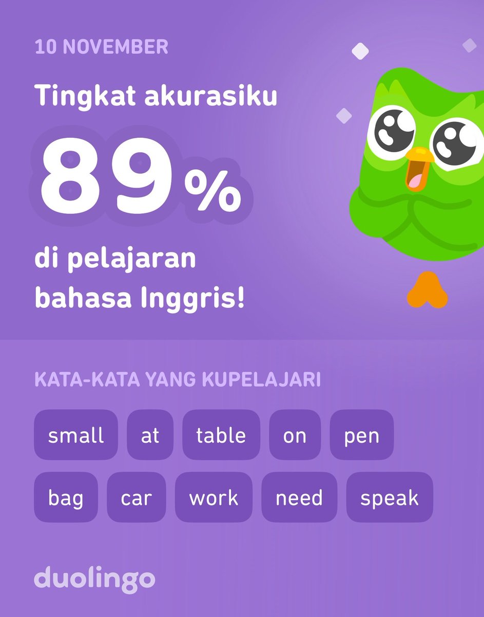 Aku sedang belajar bahasa Inggris di Duolingo! Seru, efektif, dan gratis!