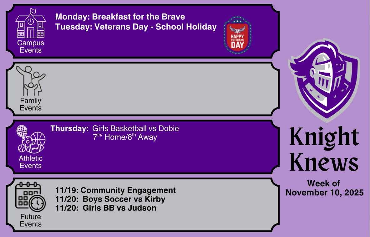 LegacyECISD's tweet image. This week at Legacy:
Mon.: Breakfast for the Brave
Tues.: Veterans Day - School Holiday 
Thurs.: Girls BB vs Dobie-7th Home/8th Away

Coming Soon:
11/19:  Community Engagement 
11/20:  Boys Soccer vs Kirby
11/20:  Girls BB vs Judson

@ECISDtweets @larson_lms