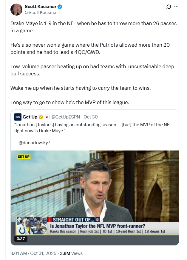 ScottKacsmarNot's tweet photo. Drake Maye is now 2-0 in games with "more than 26 passes" since this tweet.

He is also now the leader in MVP odds. https://t.co/QKlCvxZ67o