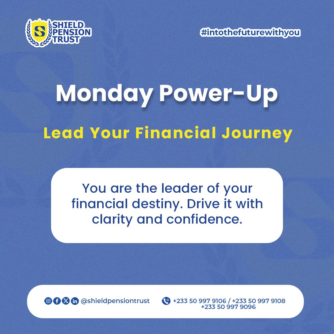 Shieldpensions's tweet photo. Lead your financial journey with confidence and purpose! ��
Your future is in your hands — let Shield Pension Trust guide you #IntoTheFutureWithYou
#MondayPowerUp #ShieldPensionTrust https://t.co/1JCZAA4eLt