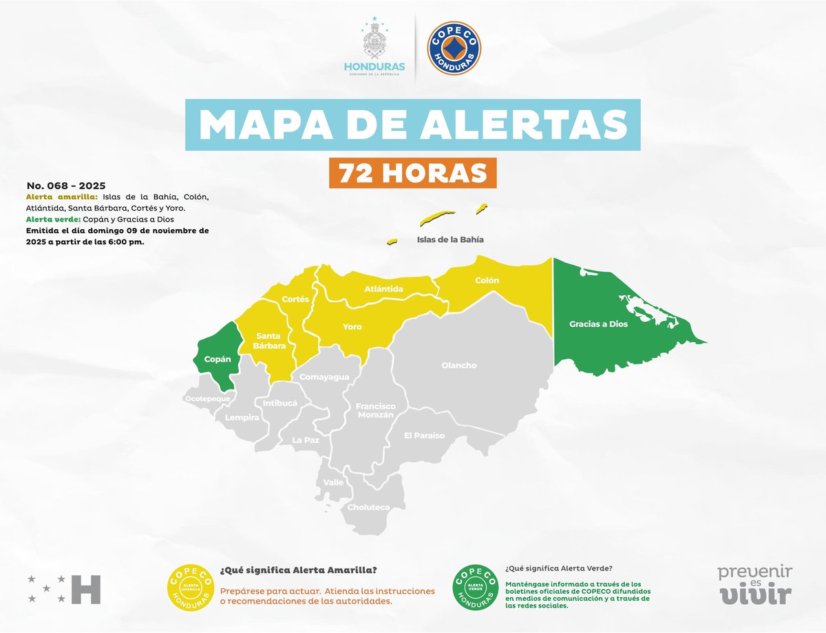 🟡🟢COPECO declara Alerta Amarilla para seis departamentos y Verde en otros dos por vaguada y frente frío🟡🟢