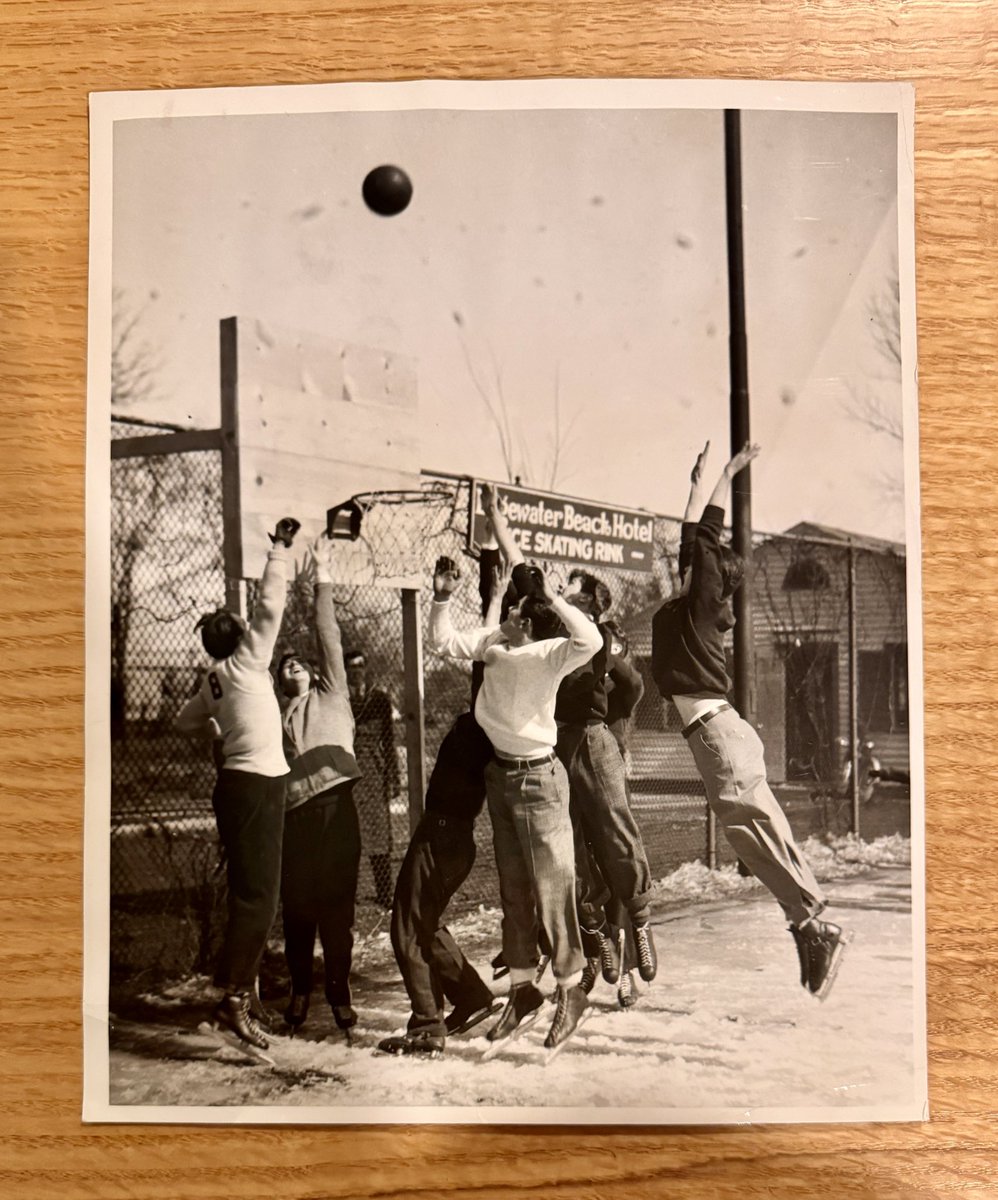 Dick_Navis's tweet photo. @darrenrovell @HeritageAuction Darren, I found this wire/press photo in a collection I picked up recently, thought you might be interested.  “Basketball on Ice Skates Northwestern University” dated 1937.  Sorry didn’t know another way to reach you.  Figured I’d reach out before it goes on eBay. https://t.co/XJClOkwAuZ