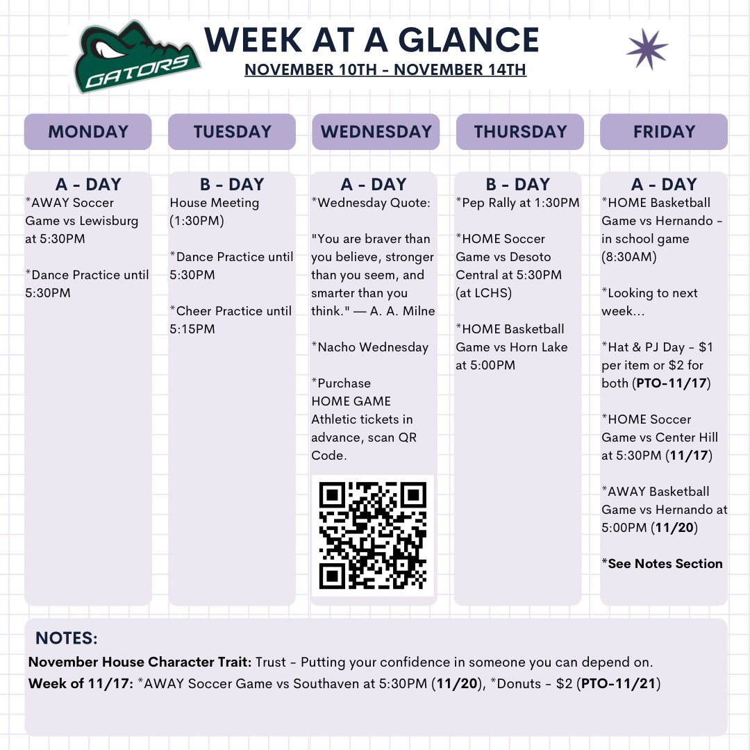 Happy Sunday!

Here’s what’s happening at LCMS this week! (November 10th - November 14th). 

#OneGatorNation #TheSwamp #LCMS #TeamDCS