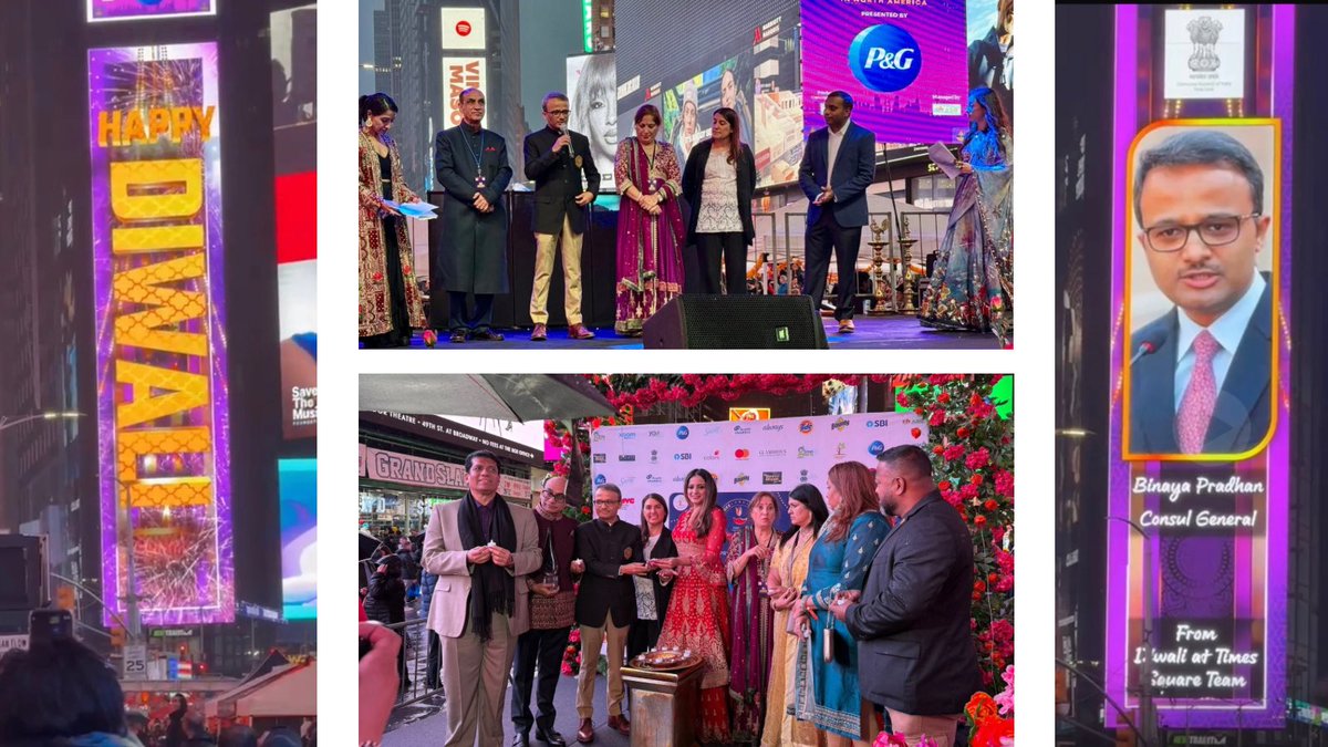 IndiainNewYork's tweet photo. Consul General @binaysrikant76 joined members of the Indian-American community and American friends to celebrate Diwali @ TimesSquare, marking 10 years of this iconic celebration in the heart of New York City. 
Grateful to Assemblywoman @JeniferRajkumar for joining, and heartfelt appreciation to Ms. Neeta Bhasin for her tireless efforts in making this milestone celebration possible.

@MEAIndia @IndianEmbassyUS @DiwaliTS @IndianDiplomacy @diaspora_india