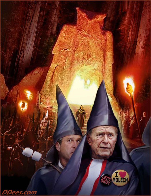 A large stone statue resembling an owl with flames emanating from it stands in a dark forested area illuminated by torches. Several figures in tall conical hats and robes hold torches around the statue. In the foreground, two men in suits and striped sashes with badges reading Let Molech Love Me stand among the robed figures, one older with white hair and the other younger with a serious expression.