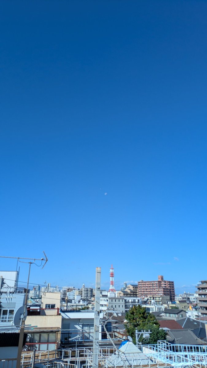 Re_Aloha_Kazuma's tweet image. 朝、快晴の空に白い月🌝
心がほっこり口ずさむ🌺
#白い月
#MoonNotes