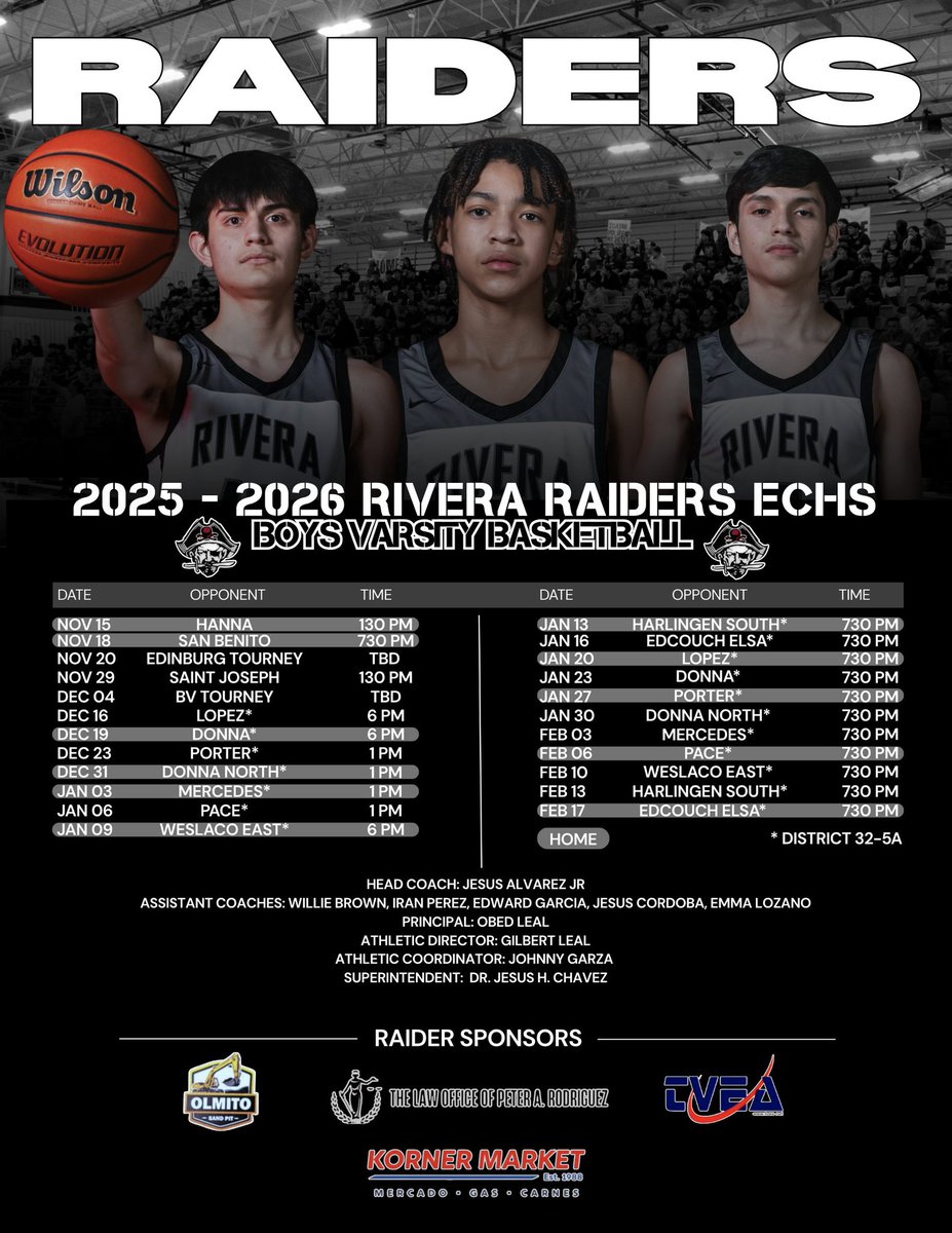 🏀 Official Schedule Release! 🏀

Season tips off this Sat, Nov 15, when we host Hanna.

📅 Other Key Dates:

Dec 4:    Brownsville Tournament
Dec 16:  Start of 32-5A district play at Lopez vs. the Lobos
Jan 20:  Second round of district play begins

Get ready, #RaiderNation