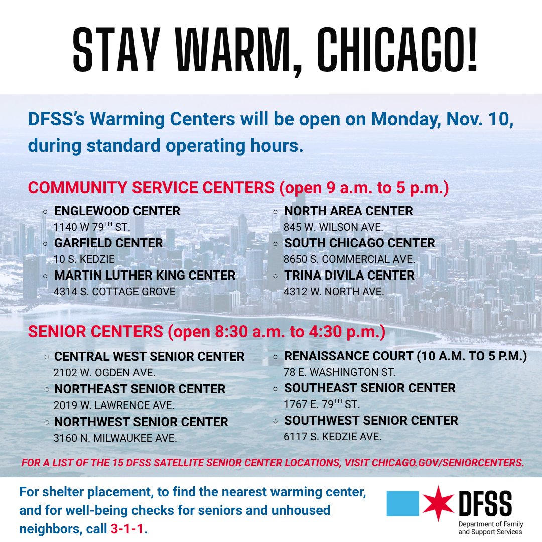 All DFSS Community Service Centers and Senior Centers will be open for warming on Monday during standard business hours. 

Full list of warming center locations: shorturl.at/nljZF

For shelter placement and well-being checks for seniors and unhoused neighbors, call 3-1-1.