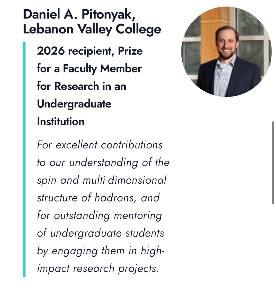 Congratulations to Dr. Pitonyak for being named the nation’s top faculty member for research with undergraduate students, receiving the American Physical Society (APS) 2026 Prize for a Faculty Member for Research in an Undergraduate Institution!