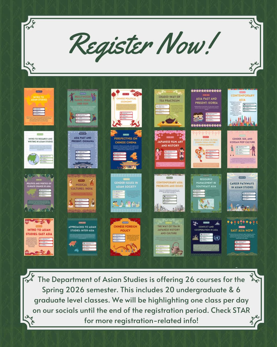 UHMAsianStudies's tweet image. Registration for Spring 2026 starts on November 17th at 08:00 am!

We will be highlighting one class per day on our socials. Check out the complete course list NOW on STAR or on our website, linked in our bio. 

#AsianStudies #Spring2026 #springregistration