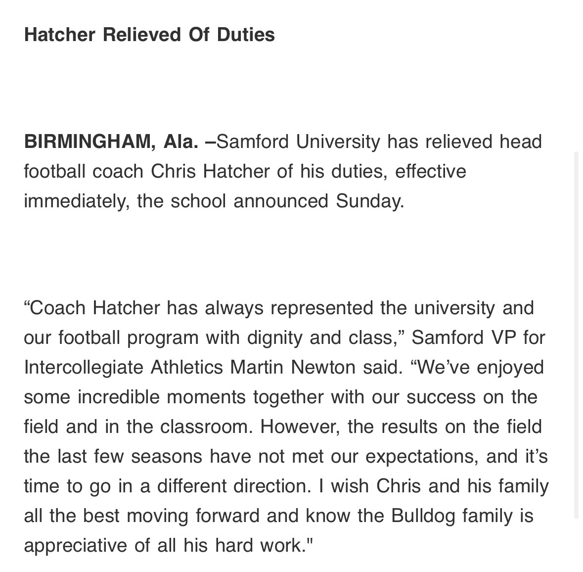 BREAKING: Samford has fired head football coach Chris Hatcher per a university release.

Hatcher is the winningest coach in program history but went 5-16 the past two seasons. He had 3 FCS playoff appearances and one SoCon championship. 

He had 2 years left on his contract.