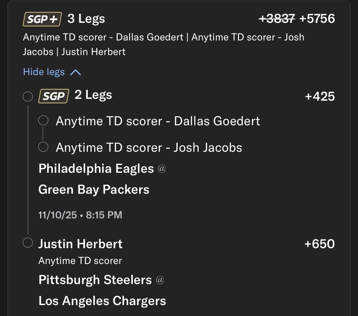 🏈 +5756 w/ the MGM boost

-Herbert: Should have a big game at home here, has been running wild last few weeks and now gets a PITT D that ranks 28th vs QB rushing TD’s and has a 25% red zone share

-Dallas: The way to beat the packers is through the TE and Goedert has been red