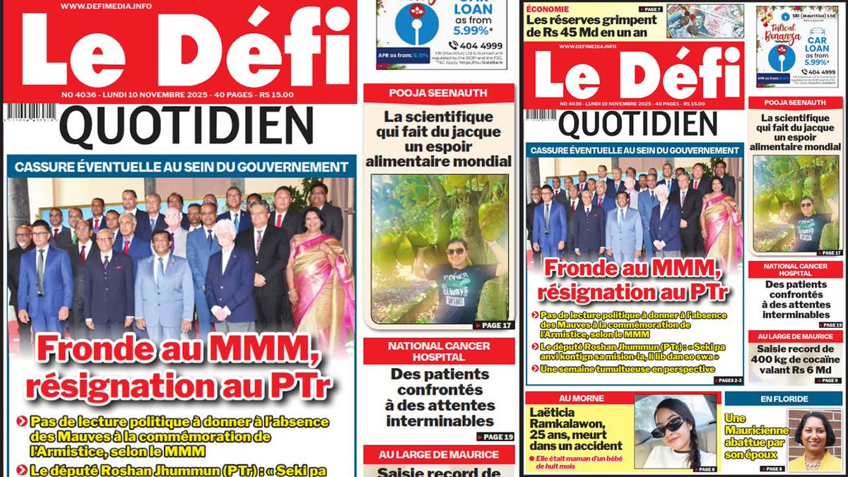 defimediainfo's tweet image. Voici la une du Défi Quotidien de ce Lundi 10 Novembre 2025 dlvr.it/TP9ZQJ #DéfiQuotidien #Nouvelle