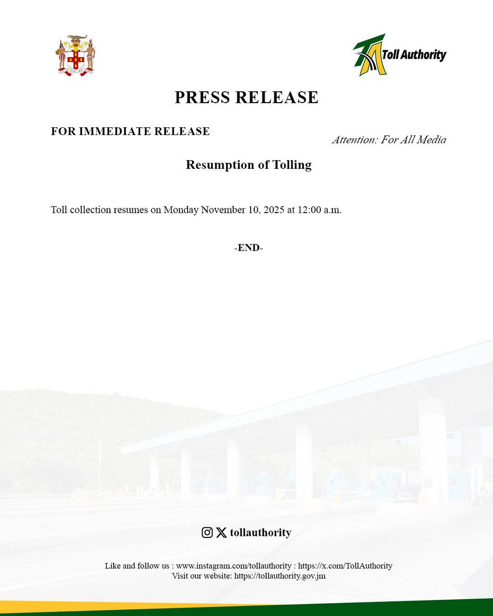 As Jamaica moves into Phase 2 of 4 in Emergency Relief, both corridors will return to normal tolling on Monday November 10 at 12 am.

We are coordinating a system for aid to smoothly move throughout the toll corridor to support national recovery.
