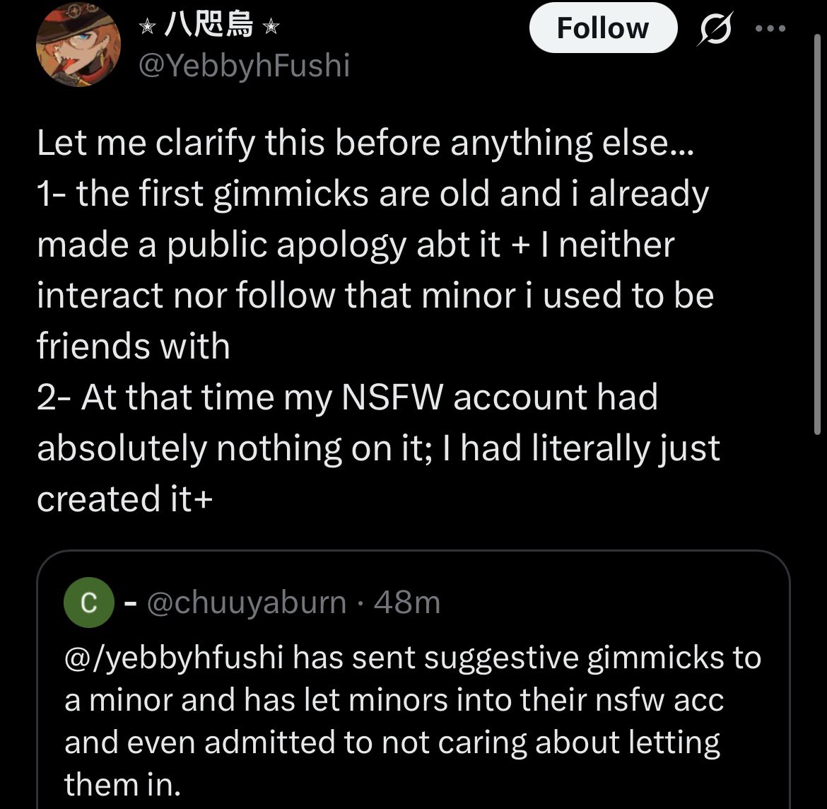 chuuyaburn's tweet photo. Yebby, you are making excuses. You say you didn't let a kid in your nsfw because at the time it wasn't a nsfw acc. When in the ss in your own post, you said, "Just watching minors following my nsfw acc and ignoring the dni," and the person under asked if they could be let in, https://t.co/IQpaWQRluy