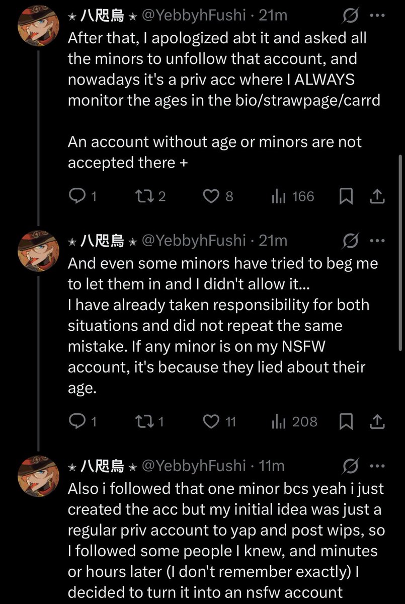 chuuyaburn's tweet photo. Yebby, you are making excuses. You say you didn't let a kid in your nsfw because at the time it wasn't a nsfw acc. When in the ss in your own post, you said, "Just watching minors following my nsfw acc and ignoring the dni," and the person under asked if they could be let in, https://t.co/IQpaWQRluy