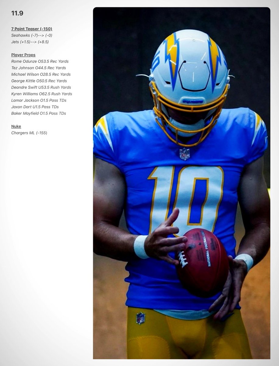 Another solid week for the boys...

Teaser...

Hawks... ✅
Jets... ✅

Player Props...

Rome ✅
Wilson ✅
Kittle ✅
Kyren ✅
Dart ✅
Bake ✅
Tez  ❌ (42 yards and 2 TDs 😂😂)
Swift ❌
Lamar ❌

Take us home herb...