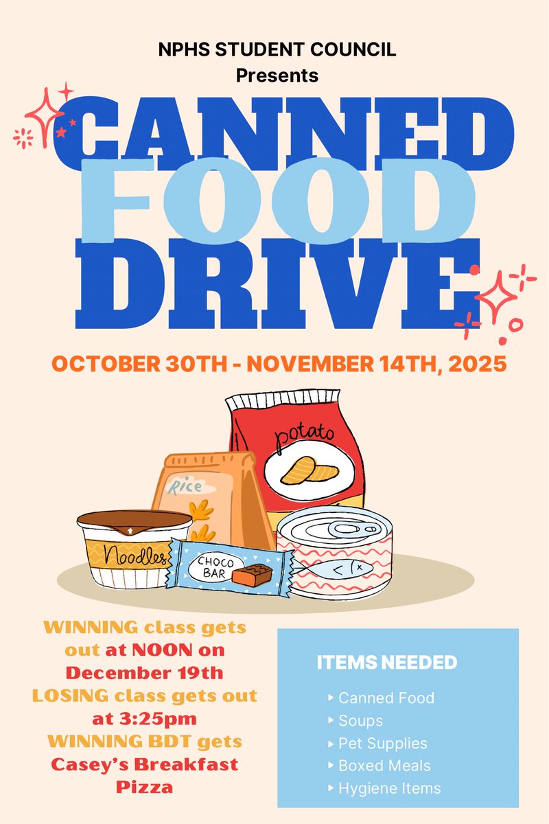 Cans = early out 😏 Bring in those donations for our Canned Food Drive! Winning class gets out at NOON + winning Bulldog Time gets Casey’s breakfast pizza 🍕 Losers… 3:25 👀

#cannedfooddrive #nphs #bulldogs
