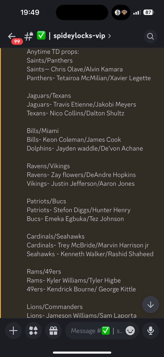 SpideyLocks422's tweet photo. another football Sunday of Anytime TD cash outs. 

Cash anytime TD:
Chris Olave
Travis Etienne 
Dalton Shultz 
Keon Coleman
Jayden Waddle 
De’von Achane 
Aaron Jones
Stefon Diggs 
Emeka Egbuka
Trey McBride
Marvin Harrison Jr
Kyler Williams 
George Kittle 
Jameson Williams
Debo Samuel Jr. 

Discord in bio.