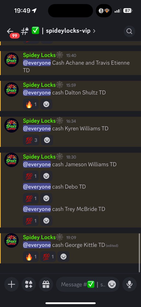 SpideyLocks422's tweet photo. another football Sunday of Anytime TD cash outs. 

Cash anytime TD:
Chris Olave
Travis Etienne 
Dalton Shultz 
Keon Coleman
Jayden Waddle 
De’von Achane 
Aaron Jones
Stefon Diggs 
Emeka Egbuka
Trey McBride
Marvin Harrison Jr
Kyler Williams 
George Kittle 
Jameson Williams
Debo Samuel Jr. 

Discord in bio.
