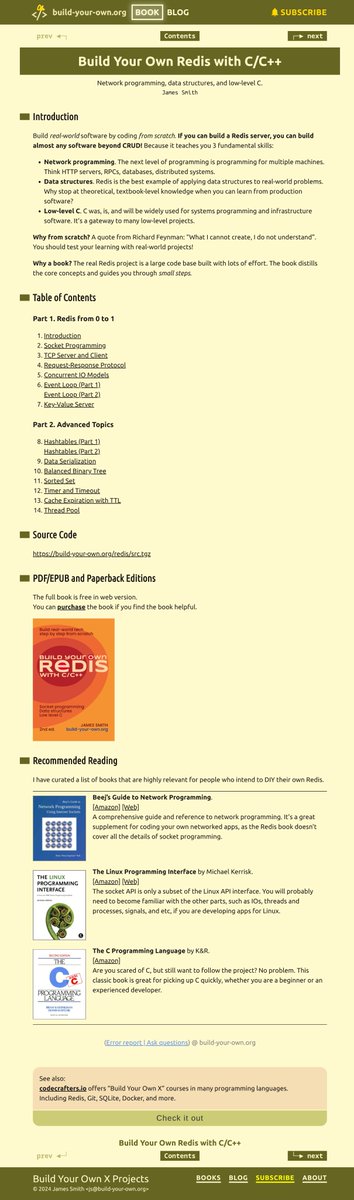 hemashushu's tweet image. 分享一个非常适合入门 Linux 编程的教程《Build Your Own Redis with C/C++》

这个教程的特点是将知识点讲得非常细致，生怕你看不懂，同时循序渐进地展开怕你中途放弃。从 socket/tcp 开始，讲到并发（异步）、散列表、序列化、快取等，可谓非常全面，非常适合用来练手。

build-your-own.org/redis/