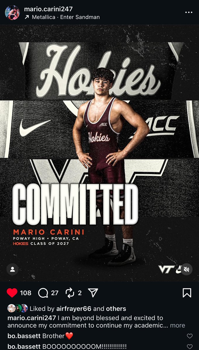 burgfanvtsertc's tweet image. From SD to BB! San Diego&apos;s Mario Carini is headed to Blacksburg 😎

No. 21 on @MatScouts1 &apos;27 Big Board, the #Hokies continuing to push... RC @Sam_Latona on a hot streak. @BoBassett06 seen doing his finest recruiting too 👀 #GobbleGobble 🦃
