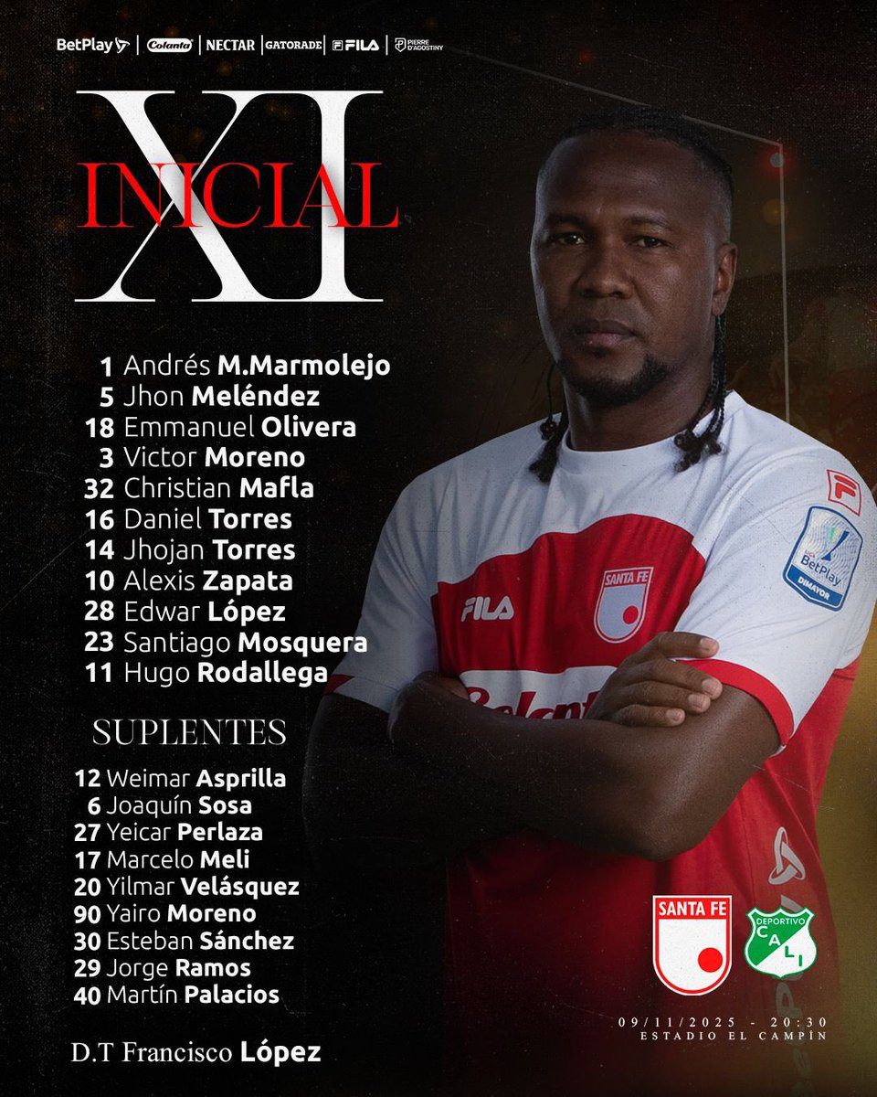 📣NÓMINA DEL CAMPEÓN 📣

Estos son los once titulares de Santa Fe que saldrán al terreno de juego del Campín para enfrentarse al Deportivo Cali.