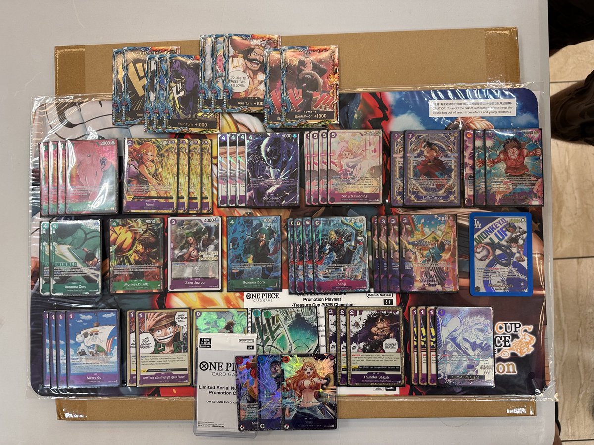 I WON!!! LATAM Treasure Cup
09/11/2025
Gp Luffy:
7-0
1- UP Luffy 🟣🔵✅🎲 win
2- Rayleigh🔴✅ 🎲 win 
3- Green Zoro🟢✅🎲 win
4- Teach⚫️✅ 🎲 win
5- Rayleigh🔴✅🎲lose
6- GP Luffy🟣🟢✅ 🎲win
7- UP Luffy🟣🔵✅ 🎲lose
SERIAL ZORO SECURED!😤