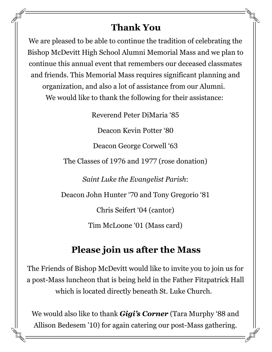 Thank you to the over 200 alumni and friends of Bishop McDevitt who attended the Alumni Memorial Mass today at St. Luke Evangelist. A special thank you to Fr. Pete DiMaria '85 for celebrating this special Mass where we remembered our deceased  classmates. 💛🤍#GodOurFinalGoal