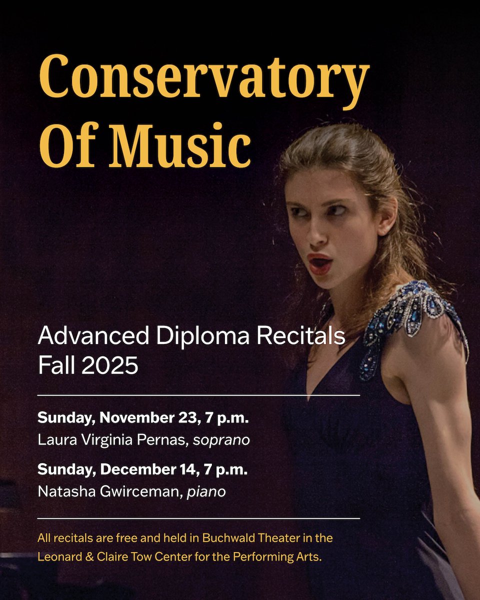 🎼 Join us for the <a href="/BklynCollegeMus/">Brooklyn College MUS</a> Fall 2025 Advanced Diploma recitals. All concerts will be held in the Don Buchwald Theater and are free to attend.

🗓️ Sunday, November 23, 7 p.m.
Laura Virginia Pernas, soprano

🗓️ Sunday, December 14, 7 p.m.
Natasha Gwirceman, piano