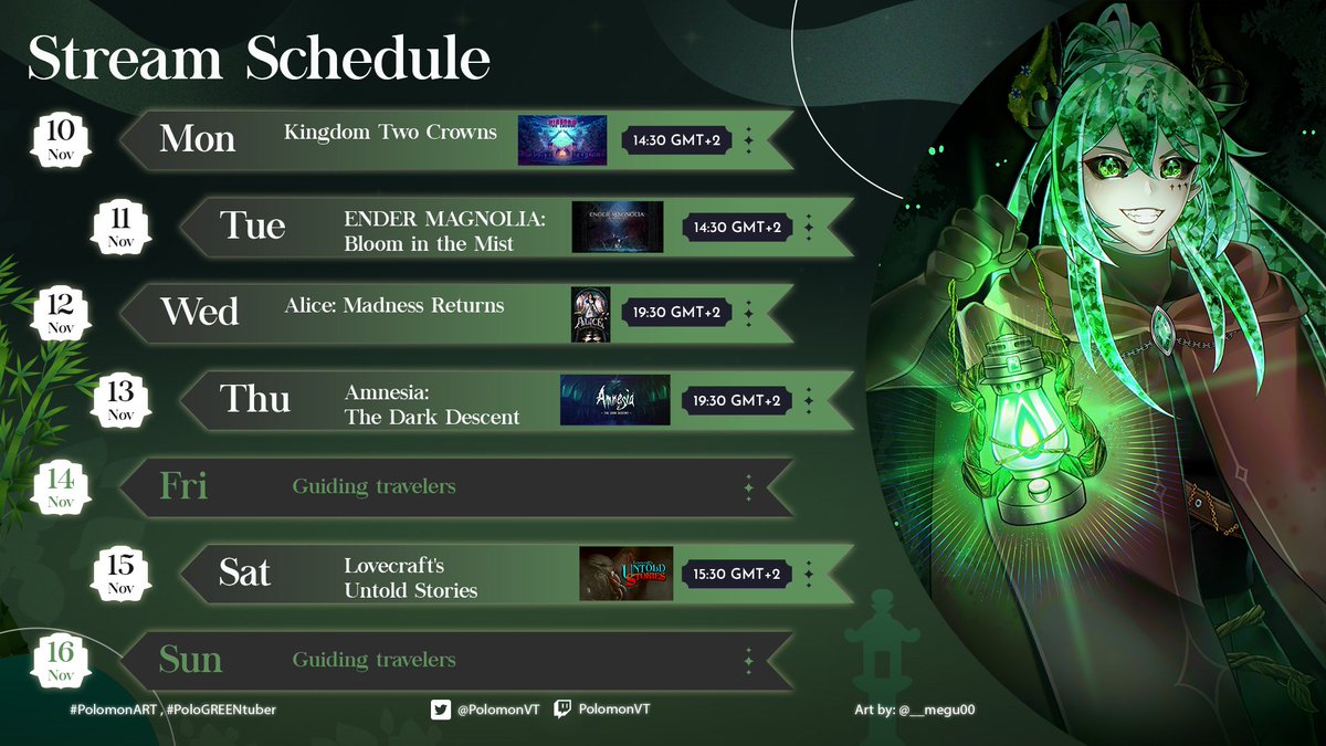 Hello travelers!

I am here once again present to you this week stream (GREEN) schedule