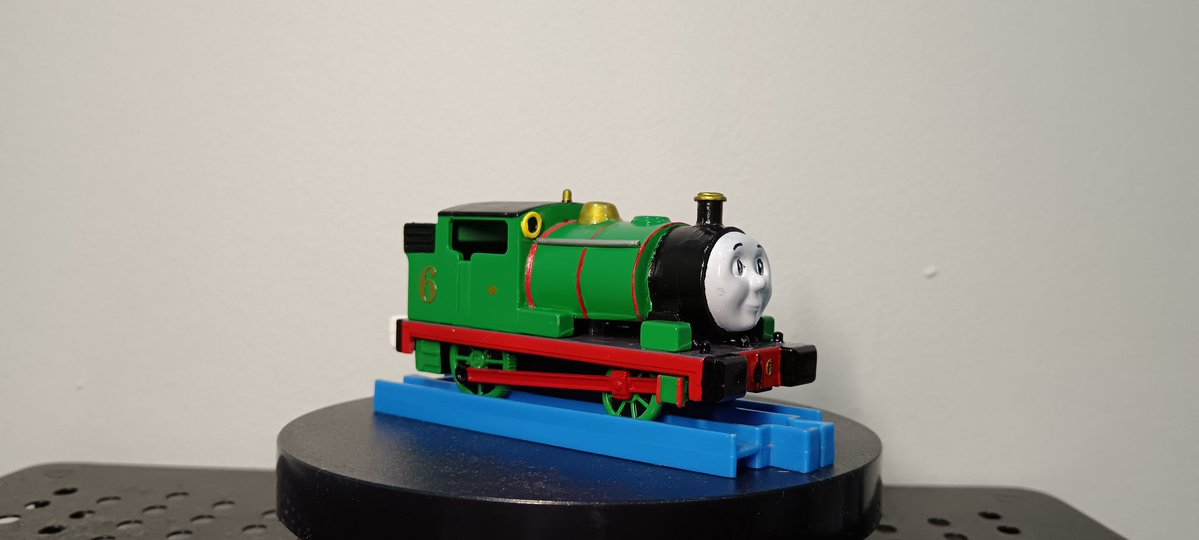Green Goblog, Percy

Percy's made of several salvage of parts, 2 Percy Shell, James Smokebox &amp; Harvey's Chassis. Harvey's Chassis is awful, I don't recommend using it for percy.

Percy's not motorized but he has a light up firebox feature like Thomas.