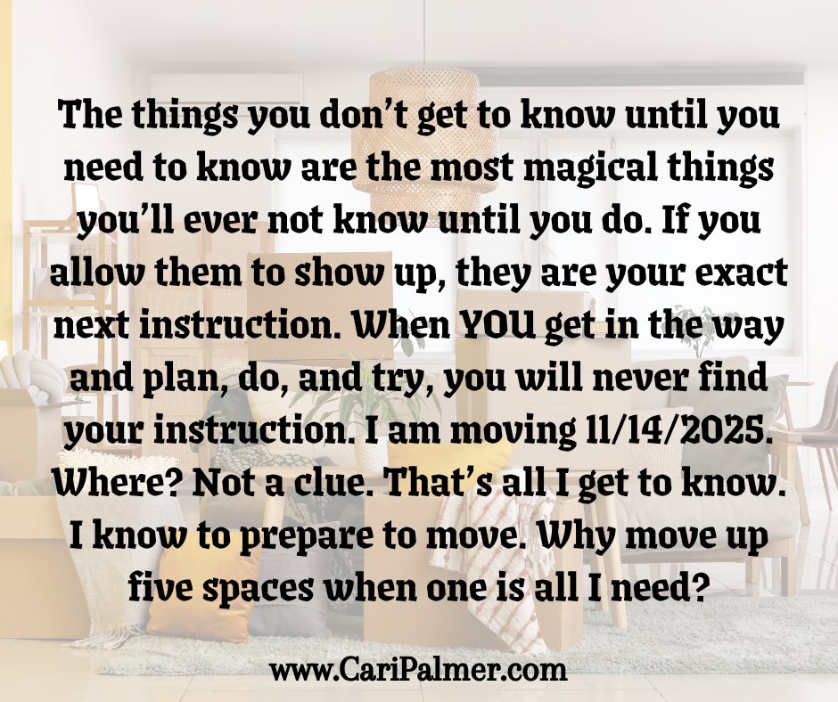 carijill's tweet photo. I am moving and selling my furniture; no idea where I will live. It is already done. I need not go to thought or I would get between what is already done that is magical, and my limiting myself and settling for something a whole lot less than I deserve. #thebridgecaripalmer https://t.co/5E5VBzBHJa