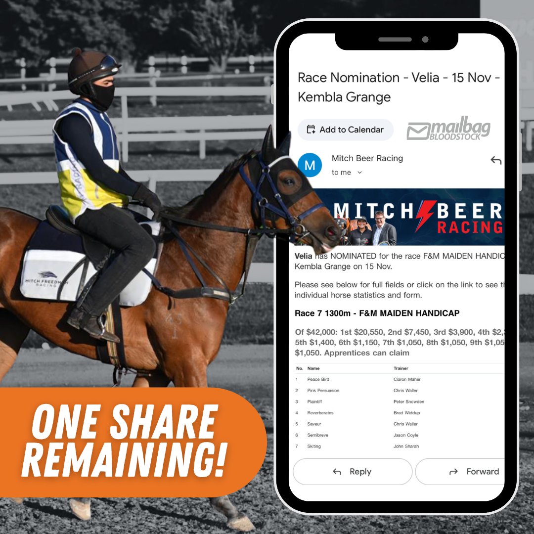 TMBBloodstock's tweet photo. Our impressive trialist from last week, #Velia, is set to make her debut this Saturday, and we have just ONE SHARE left! 😲
This final share is first-in, first-served and must be secured today! 👇
📩 jono@themailbag.com.au https://t.co/zOp5AeYnEd