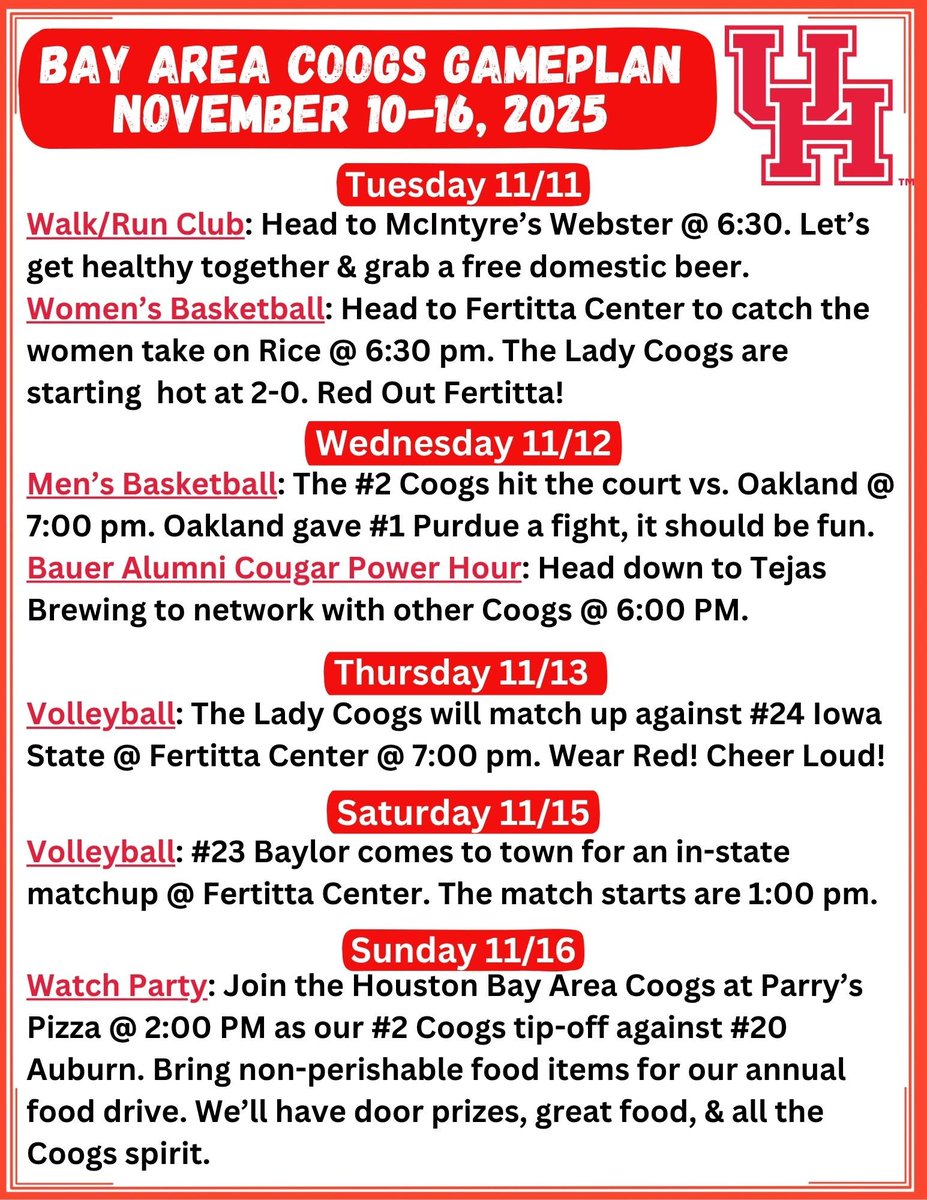 BayAreaCoogs's tweet image. 🔴⚪️It's going to be a busy week for the @BayAreaCoogs but you can't pass up all this #Coog spirit. Check out Tuesday's Walk/Run Club &amp;amp; our Watch Party this Sunday. Make your plan for the week and we'll see y'all in RED! #GoCoogs!
@UHouston @houstonalumni @UHCougars @UHCougarMBK