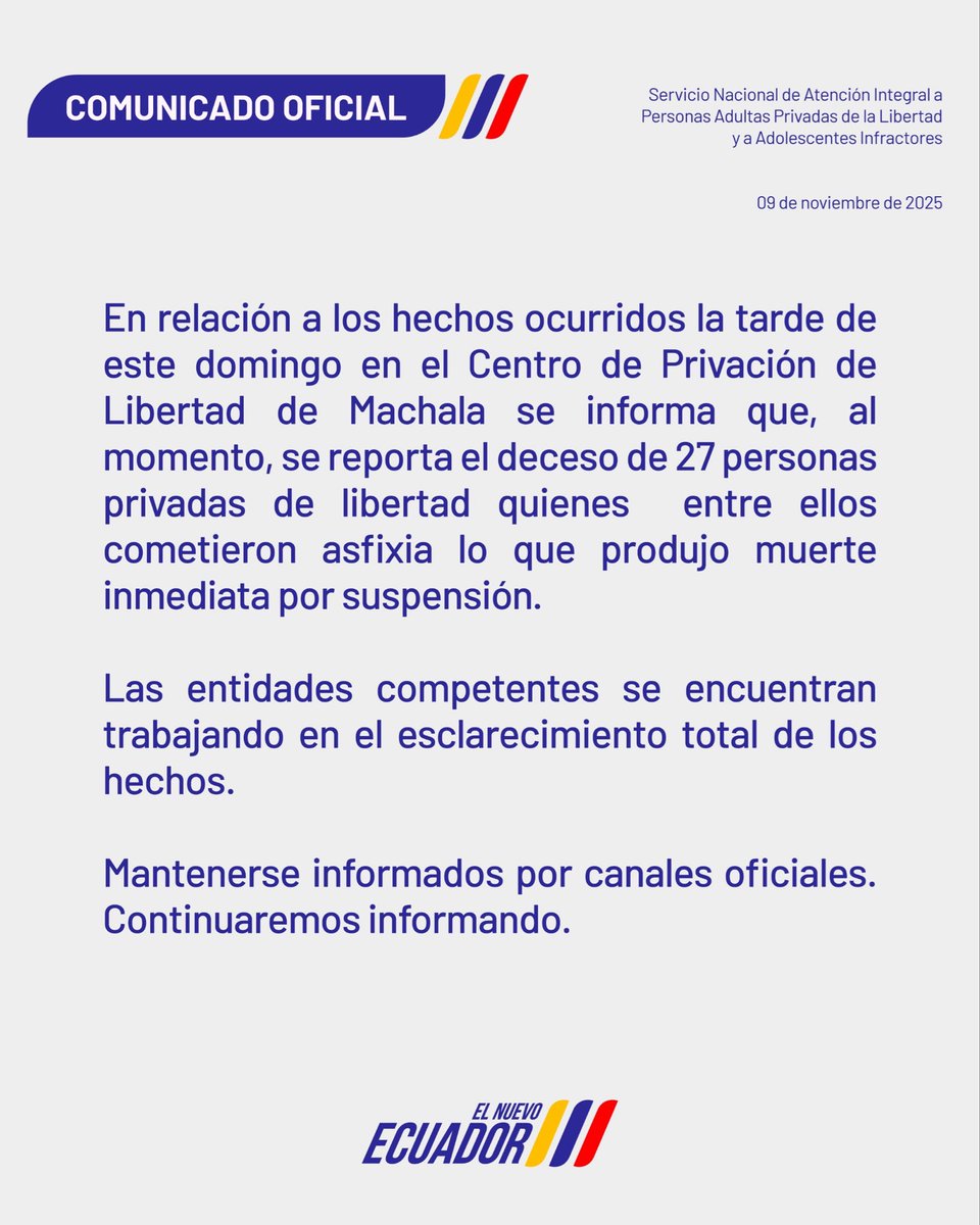 SNAI_Ec's tweet image. #ComunicadoOficial | El Servicio Nacional de Atención Integral a Personas Adultas Privadas de la Libertad y a Adolescentes Infractores informa: