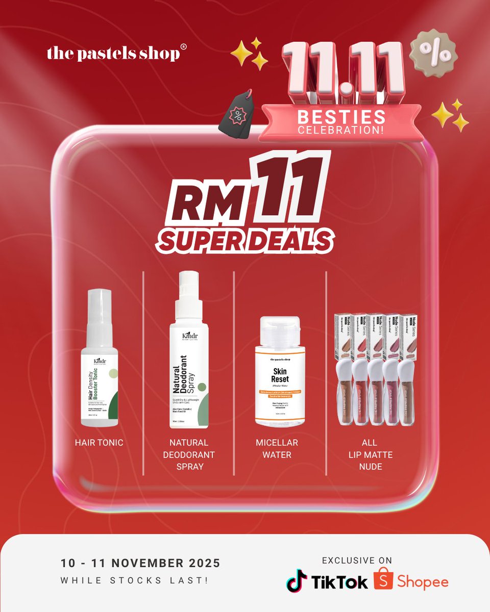 thepastelsshop's tweet image. 11.11 dah bermula hari ni!😝
Masuk LIVE The Pastels Shop sekarang dan grab terus deal manis-manis dari kami:
💖 Beli 1 item terpilih, dapat 1 FREE*
💸 Selected item pun ada yang start dari RM11 je!

Valid masa LIVE — kat TikTok &amp;amp; Shopee 💫
Cepat join sebelum semua licin! 😜…
